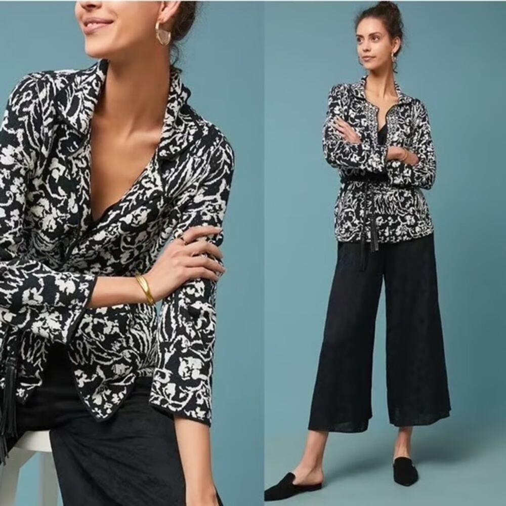 Ett:twa Anthropologie Black White Abstract Print Reversible Sweater Jacket